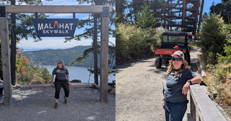 Two images side by side, the first of Megan sitting on a wooden swinging bench with a Malahat Skywalk sign and a view of the water an mountains behind her. The second is her leaning against a fence, with the Skywalk and a side by side behind her.